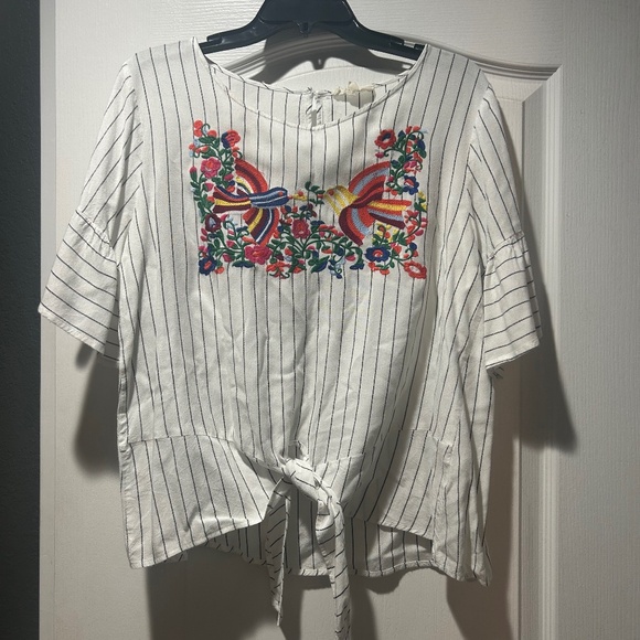 Entro Striped Top w/ Embroidered Birds & Flowers - Picture 1 of 1
